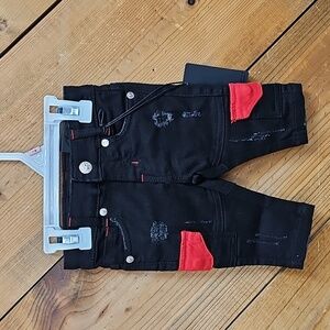 NWT Elite Premium Denim Stylish Black and Red Distressed Kids Jeans.  3months.